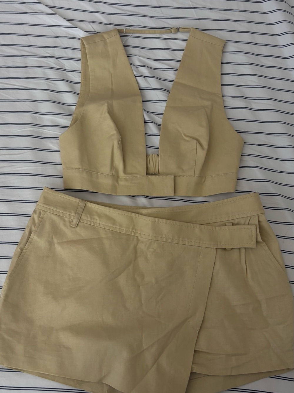 L'Academie Beige three- piece Tailored Crop Top & Skort Set and Blazer